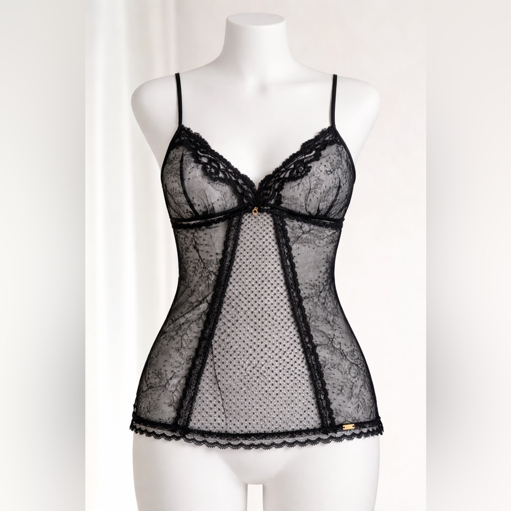 Vintage Chantelle Black Sheer Lace Cami Spaghetti Strap Mesh Panel Unlined Top